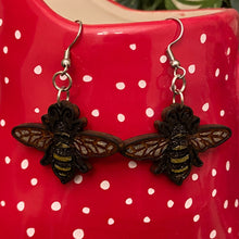 Load image into Gallery viewer, Baby Bee Engraved Wood Dangle Earrings
