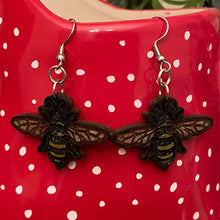 Load image into Gallery viewer, Baby Bee Engraved Wood Dangle Earrings