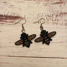 Load image into Gallery viewer, Baby Bee Engraved Wood Dangle Earrings
