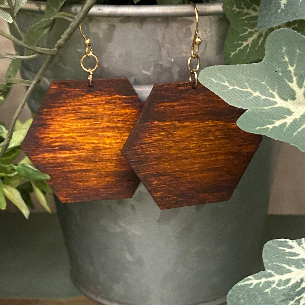 Sunset Hexagon Design Wood Earrings