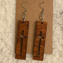 Load image into Gallery viewer, Cross Knockout Rectangle Design Wood Earrings
