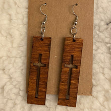 Load image into Gallery viewer, Cross Knockout Rectangle Design Wood Earrings