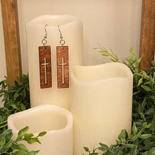 Load image into Gallery viewer, Cross Knockout Rectangle Design Wood Earrings