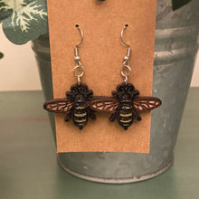 Load image into Gallery viewer, Baby Bee Engraved Wood Dangle Earrings
