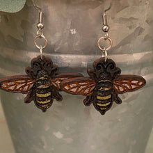 Load image into Gallery viewer, Baby Bee Engraved Wood Dangle Earrings
