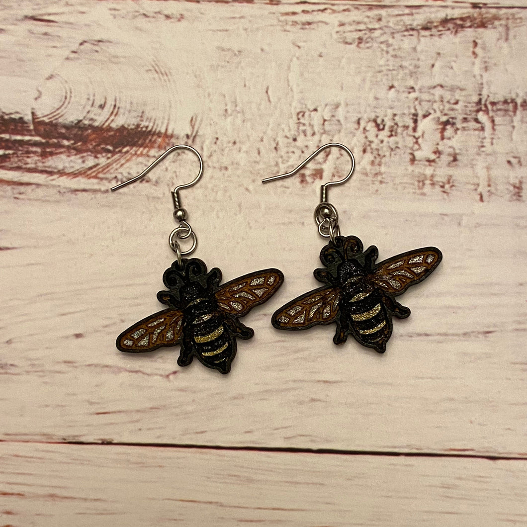 Baby Bee Engraved Wood Dangle Earrings