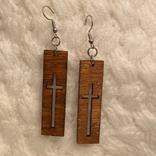 Load image into Gallery viewer, Cross Knockout Rectangle Design Wood Earrings
