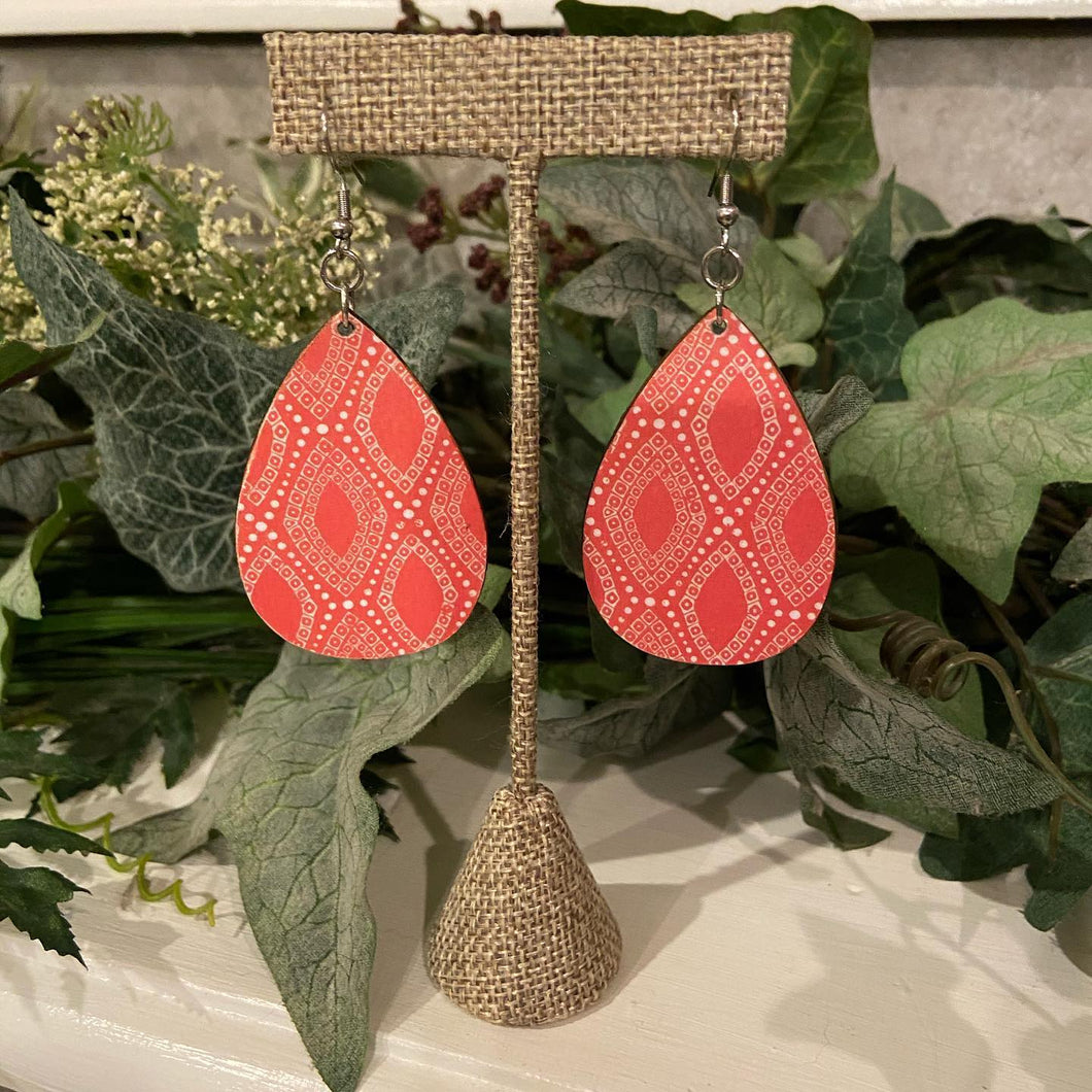 Coral Teardrop Wood Earrings-Coral Diamond Pattern